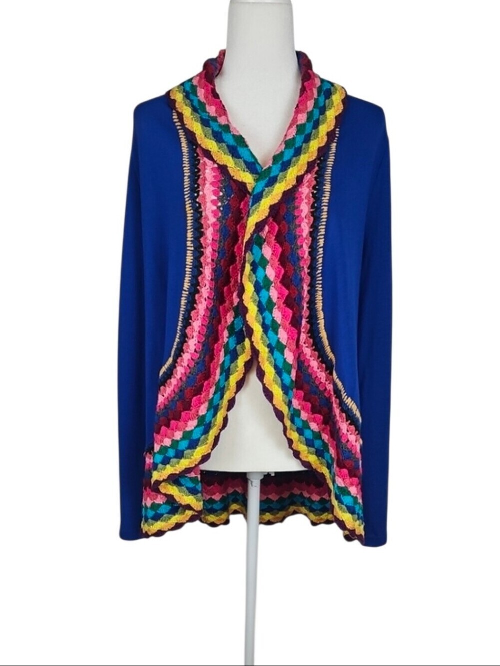Colorful Cardigan Sweater Rainbow Knit Royal Blue Bohemian Boho Indie Colorful S